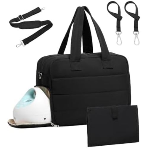 Diaper Bag with Breast Pump Laptop Compartment, Puffer Quilted Tote Bag with Baby Changing Pad Stroller Buckle Straps
