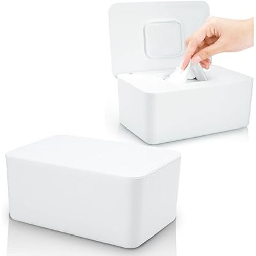 2 Pack Lijroavy Baby Wipes Dispenser, Baby Wipe Holder for Fresh Wipes, Non-Slip Baby Wipes Container, Refillable Wipes Box, Baby Wipes Case with Sealing Design Lid (White and White)