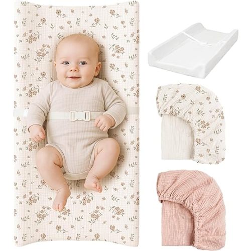 Konssy Muslin Changing Pad with Waterproof Lining Foam, Includes 2 Pack Soft & Cotton Cover, Baby Diaper Changing Pad for Dresser or Table, 32x16 inches (Blossom,Pink)