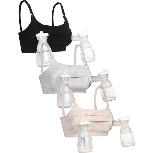 GXXGE 3Pack Hands Free Pumping Bra, Adjustable Pumping & Nursing Bra with EasyClip for All Breast Pumps Cotton Sleep Bra Black Beige Grey Small