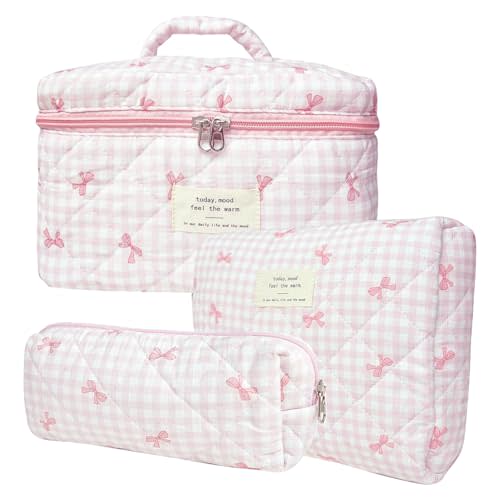 Everfunny 3 Pcs Cotton Quilted Makeup Bag Set, Floral Cotton Cosmetic Bag, Aesthetic Toiletry Travel Organizer Bag for Women (Pink Gingham Bow)