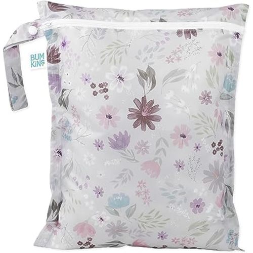 Bumkins Waterproof Wet Bag for Baby, Travel, Swim Suit, Cloth Diapers, Pump Parts, Pool, Gym Clothes, Toiletry, Strap to Stroller, Daycare, Zipper Reusable Bag, Wetdry Packing Pouch, Florals Gray