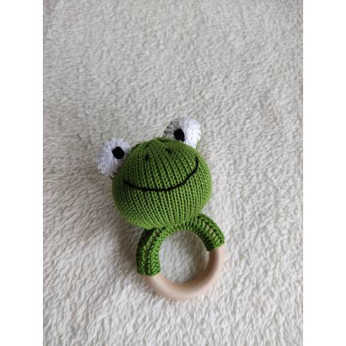 Frog - Baby Rattle Toy on Wooden Teething ring