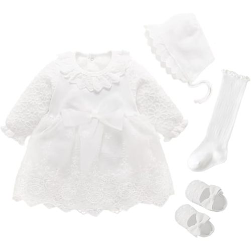 Newborn Baby Girl Dress Clothes 0 3 6 Months Princess Pink Dress White Baptism Outfit Party Dress Hat Shoes Set - 3 Months - White 2
