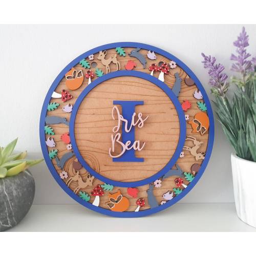 Personalised woodland animals circle plaque. Wall art, door name sign