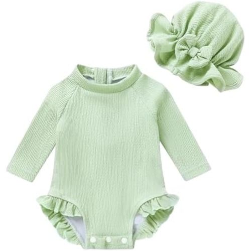 6-12M - Infant Baby Girl Swimsuit One-Piece Long Sleeve Rash Guard with Hat Set Floral Zipper Bathing Suit Leopard Beach Wear