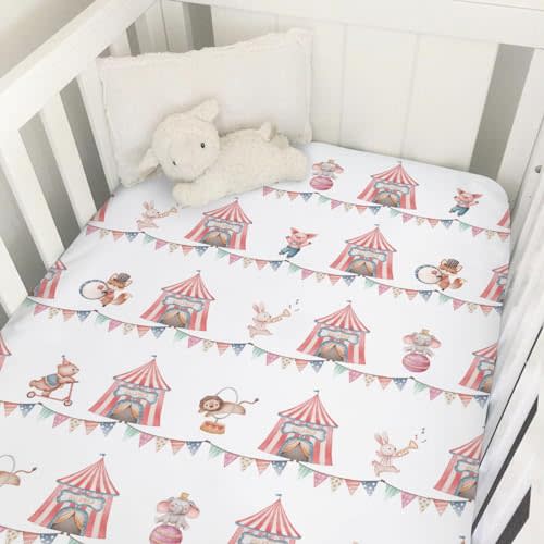 Watercolor Circus Animals Baby Crib Sheets 52''x28'' Cartoon Bear Lion Fox Bunny Elephant Pig Snug Fitted Crib Mattress Cover for Boy Girl Soft Nursery Crib Mattress Sheet or Toddler Bed Sheets