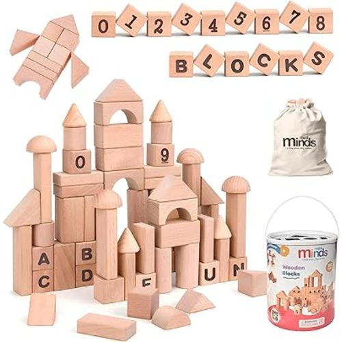 MINI MINDS Wooden Building Blocks with Letters & Numbers -100 Building Blocks for Toddlers - Includes Storage Container with Shape Sorter Lid - Natural Beech Wood Blocks - Stacking Blocks