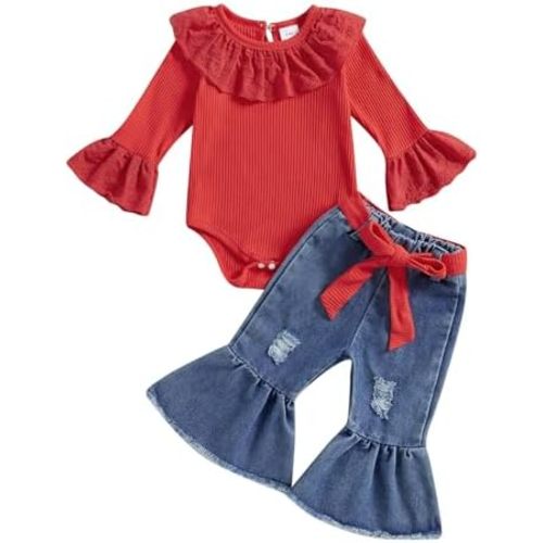 Infant Baby Girls Long Sleeve Lace Solid Romper Flare Denim Jeans Pants Headband Newborn Cute 3Pcs Fall Outfits