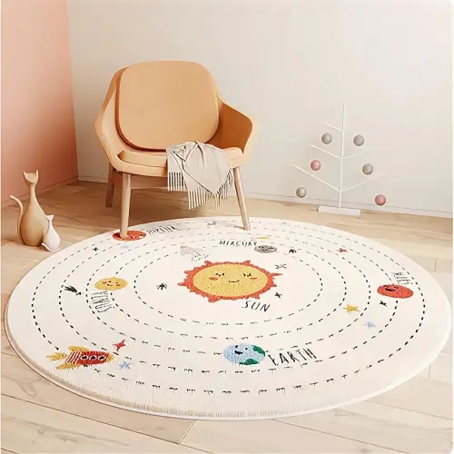 Solar System Printed Round Area Rug Kids Room Carpet 40"x 40" Kawaii Cartoon Fluffy Rug White Non-Slip Area Rugs Washable