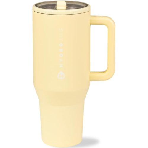 HydroJug Traveler - 32 oz Water Bottle with Handle & Flip Straw - Fits in Cup Holder, Leak Resistant Tumbler-Reusable Insulated Stainless Steel & Rubber Base - Gifts for Women & Men, Butter