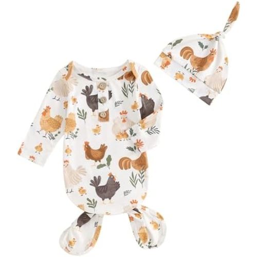 BULINGNA Newborn Baby Boy Girl Knotted Gown with Hat Farm Chicken Nightgown with Mittens One Piece Pajamas for Baby