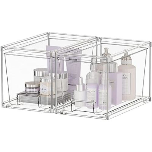 2 Pack Clear Stackable Storage Drawers, Acrylic Bathroom Makeup Organizer,Plastic Storage Bins For Vanity, Undersink, Kitchen Cabinets, Pantry, Home Organization and Storage