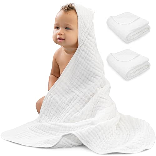 Comfy Cubs 2 Pack Baby Hooded 9 Layer Muslin Cotton Towel for Kids, Large 32” x 32”, Ultra Soft, Warm, and Absorbent. Baby Essentials Bath Towels, Cute Unisex Cover for Girls and Boys (2 Pack, White)