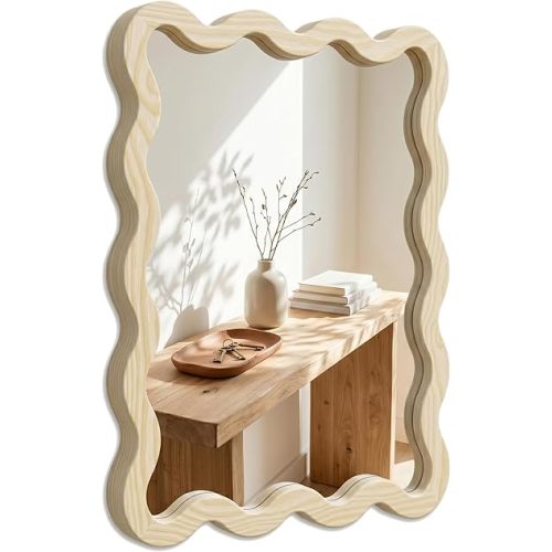 22"x30" Wood Wavy Wall Mirror for Powder Room, Solid Wood Squiggle Mirror for Vanity, Small Asymmetrical Irregular Mirror, Natural Wooden Boho Aesthetic Decor