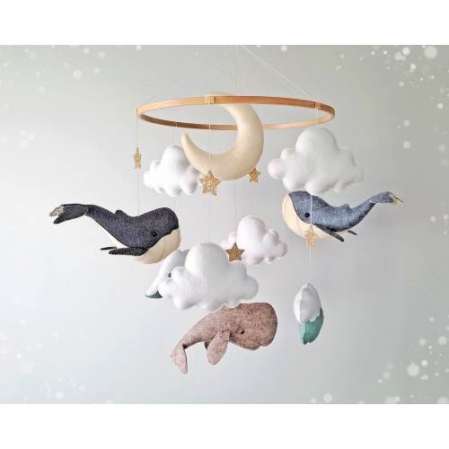 Baby mobile whales - Baby crib mobile -  Whale mobile - Mobile Bebe - Neutral nursery mobile -  Nautical baby mobile boy - Baby shower gift