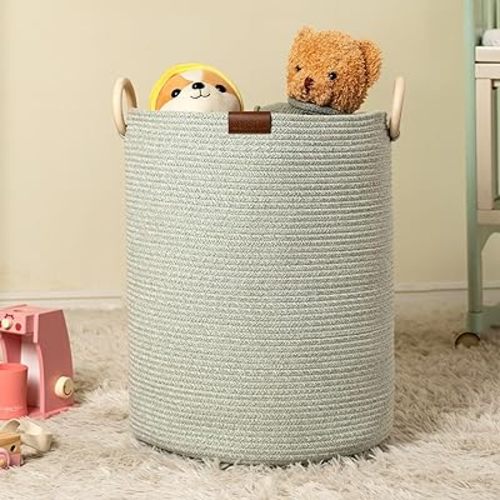 Green Large Woven Laundry Basket Hamper,60L Cotton Rope Storage Bin for Blankets,Toys and Clothes,Decorative Tall Nursery Hamper for Living Room,Baby Nursery,Bathroom and Bedroom (1 Pack)