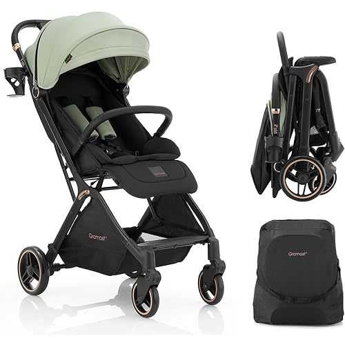 Gravity Folding Baby Stroller - Portable Travel Toddler Stroller w/Adjustable Backrest & Canopy, Lightweight and UV Protected, One-Hand Automatic Folding - Green