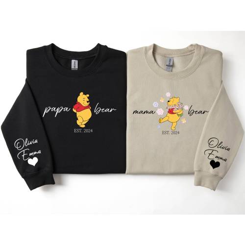 Custom Winnie The Pooh Mama Papa Bear Sweatshirt, Mama Papa Est with Kids Name on Sleeve Mama Bear, Custom Gift for Mom Dad Matching Sweater