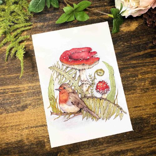 Sweet Robin in Mushroom Forest Watercolor Print - Ideal Gift for Bird Lovers - Nature Inspired Wall Art, For Her Birthday Mother's Day