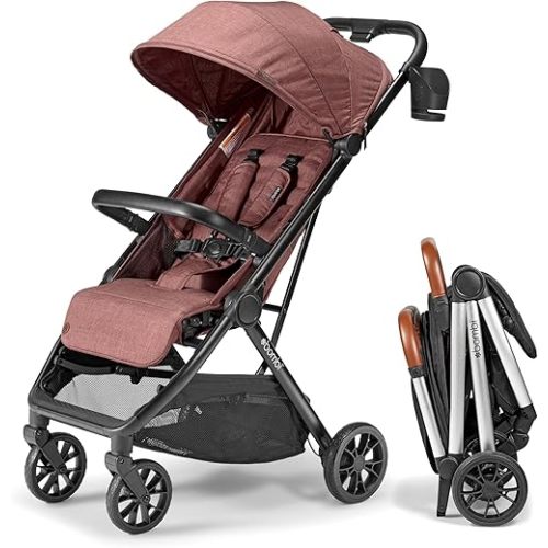 Bombi Bēbee V2 Lightweight Baby Stroller - Premium Vegan Leather, One-Hand Fold, Infinite Recline, Aircraft-Grade Aluminum Frame, XXL Canopy, and Ample Storage Umbrella Stroller - Desert Berry