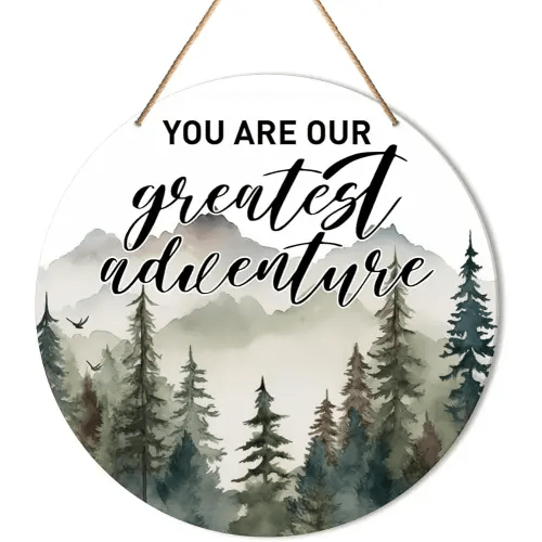 Baby Boy Nursery Wall Decor, Woodland Nursery Hanging Sign Decor Forest Mountain Wall Decoration Wood Sign for Kids Bedroom, Playroom, Gift for Newborn Baby Boy Toddler, You Are Our Greatest Adventure