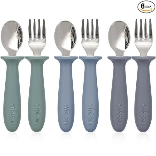 6 Pieces Toddler Utensils, Kids Safe Spoons and Forks, Children Silverware Set with Silicone Handle, 18/8 Stainless Steel, Food-grade Silicone,BPA Free - Dishwasher Safe