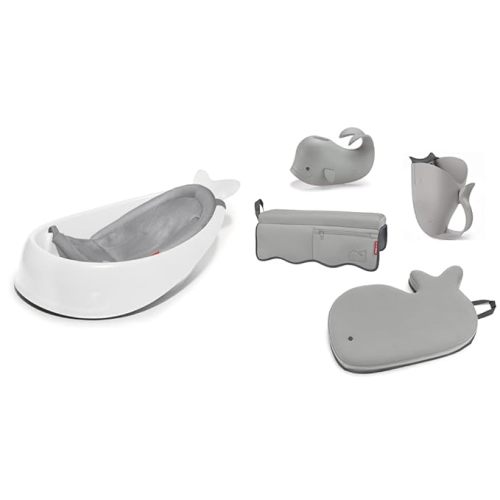 Skip Hop Baby Bath Tub, 3-Stage Smart Sling Tub, Moby, White & Moby Baby Bath Essential Set, Grey - White Tub + Baby Bath Essential Set, Grey