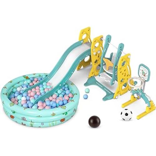 Amazon.com: Amictoy Toddler Slide and Swing Set, 6 in 1 Kids Climber Slide Playset for Toddlers Age 1-3, Freestanding Baby Slide Indoor Outdoor Playground w/Basketball Hoop, Swing and Ball Pool (Blue) : Toys & Games
