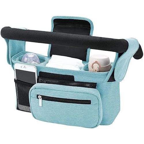 Universal Stroller Organizer With Insulated Cup Holder, Detachable Phone Bag And Shoulder Strap, Cozy Nest Stroller Caddy Organizer Fits For All Stroller Types (blue)