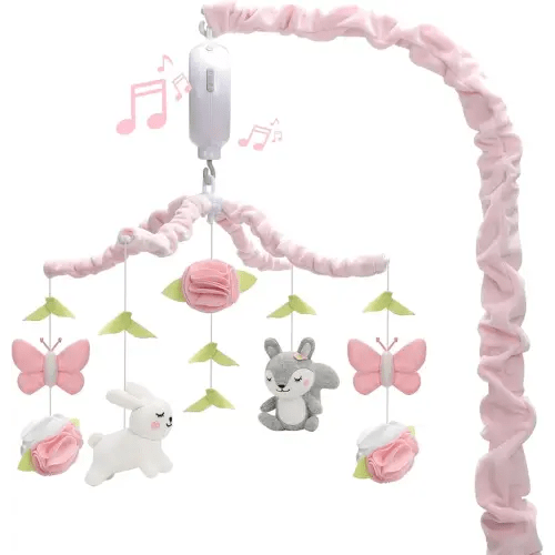 Baby Crib Mobile for Girls, Soft Knitted Woodland Characters Rabbit Squirrel, Pink and White Nursery Decor, Calming Soother with 12 Lullabies Essential and Perfect Gift for Girls