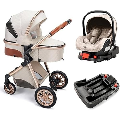 Baby Stroller with Bassinet, Aluminum Frame, Shock-Absorbing Wheels (Beige(with Base))