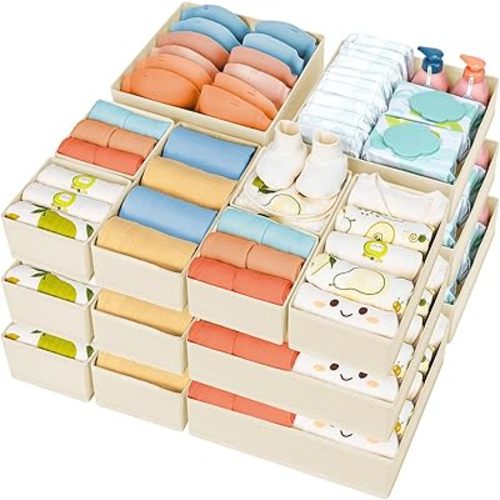 DIMJ Drawer Organizer Clothes, 18 Pack Dresser Organizer, Foldable Closet Organizers and Storage, Fabric Dresser Drawer Organizers, Drawer Dividers for Nursery, Baby Clothes, Underwears, Sock (Beige)