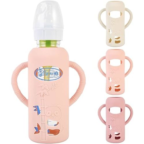 3 Pack Silicone Sleeves for Dr. Brown's Glass Baby Bottles, Anti Breakage Baby Bottle Holder with Handles for Baby Girls, Compatible with Dr. Brown's Glass Baby Bottle, 8oz
