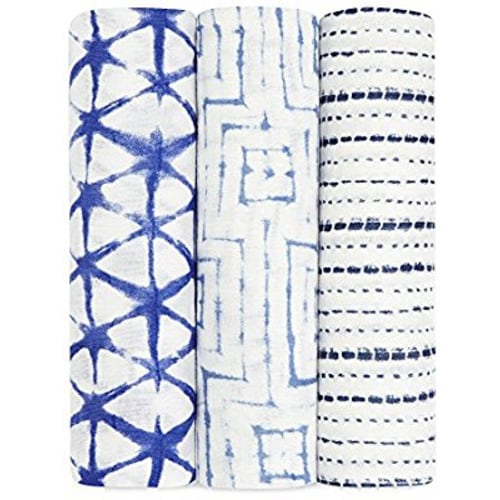 aden + anais Silky Soft Swaddle Blanket,100% Bamboo Viscose Muslin Blankets for Girls & Boys, Baby Receiving Swaddles, Ideal Newborn & Infant Swaddling Set, 3 Pack, Indigo Shibori