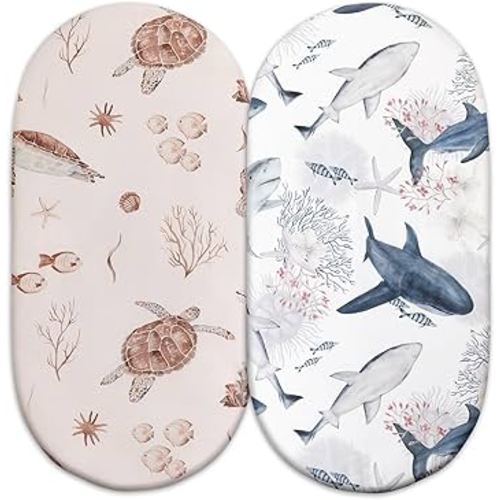 Gllquen Baby Bassinet Sheets Set 2-Pack, Breathable Cozy Bassinet Fitted Sheet Universal Fit Standard Mattress Oval Rectangle Cradle Baby Sheets for Baby Boy Girls Unisex 32"x16" (Sea Turtle)