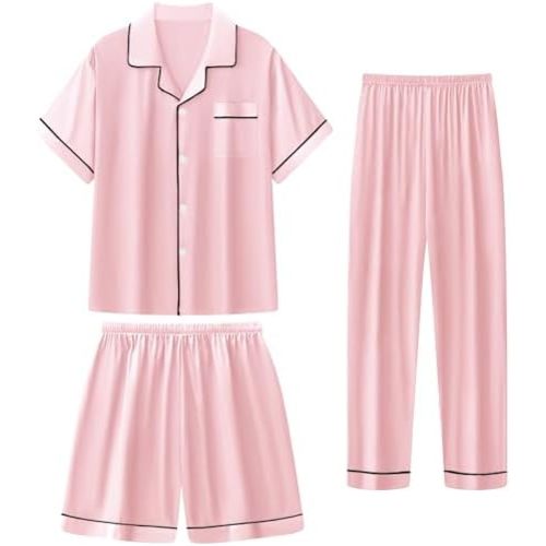 Girls Silk Pajamas Set,Girl Satin Pajamas 3 Piece Button-up Nightwear Loungewear,Girls PJS Clothes for 4T-15Years