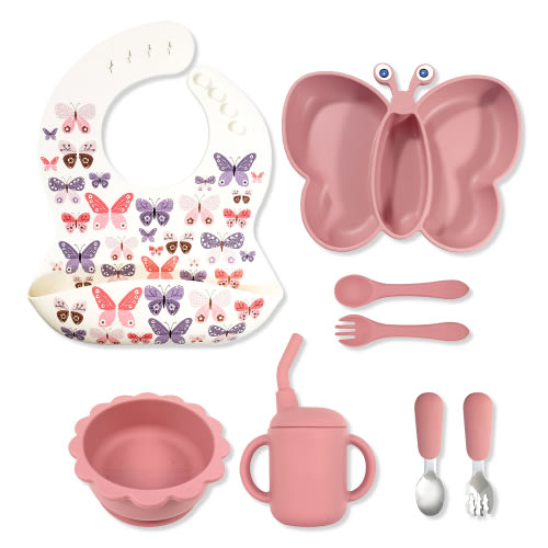Silicone Feeding Set | 8 Pcs Baby Led Weaning Supplies, Including Bib, Bowl, Plate, Training Cup, 1 Silicone Spoon & Fork Set, and 1 Stainless Steel Spoon & Fork Set