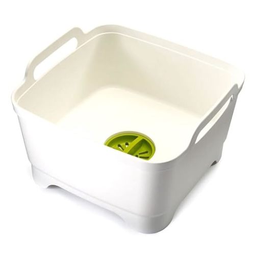 Joseph Joseph Wash & Drain Kitchen Dish Tub Wash Basin with Handles and Draining Plug, 9 liters, White