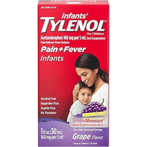 Infants' Tylenol Oral Suspension Liquid Medicine with Acetaminophen, Baby Fever Reducer & Pain Reliever for Minor Aches & Pains, Sore Throat, Headache & Toothache, Grape Flavor, 1 fl. oz