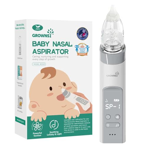 GROWNSY Nasal Aspirator for Baby, Electric Nose Aspirator for Toddler, Baby Nose Sucker, Automatic Nose Cleaner with 3 Silicone Tips, Adjustable Suction Level, Music and Light Soothing Function