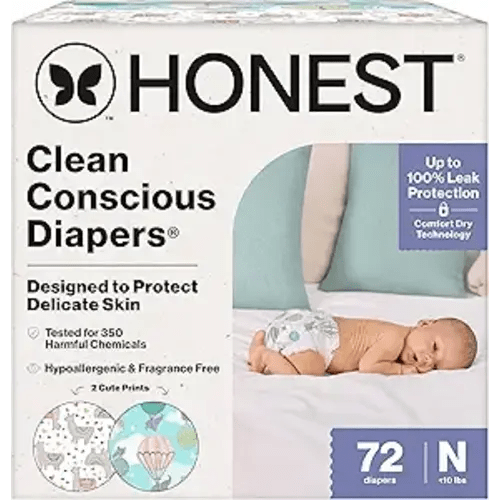 The Honest Company Clean Conscious Diapers for Delicate Skin | Up to 100% Leakproof | Hypoallergenic, Fragrance Free | Gender Neutral | Club Box, Size Newborn, 72 Count (Prints May Vary)