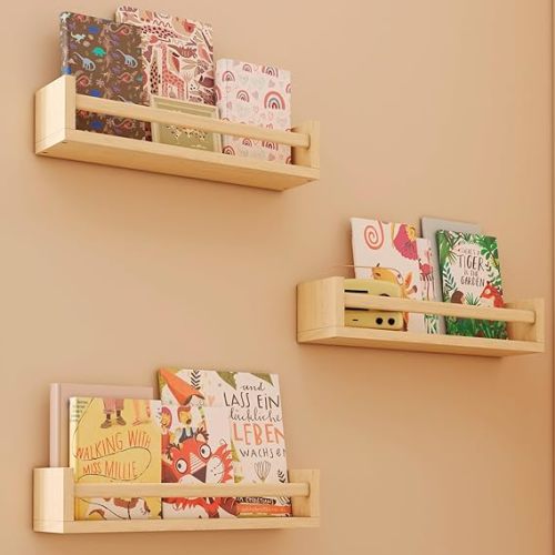 CRAZYMOTO Nursery Bookshelf Set of 2 Kids Baby Floating Bookshelves Book Shelf Organizer for Nursery Decor,Wall Shelves for Kitchen Spice Rack,Pine Natural Wood - 2 Pack