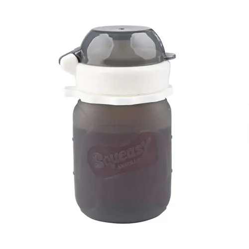 Grey 3.5 oz Squeasy Snacker Spill Proof Silicone Reusable Food Pouch - for Both Soft Foods and Liquids - Water, Apple Sauce, Yogurt, Smoothies, Baby Food - Dishwasher Safe