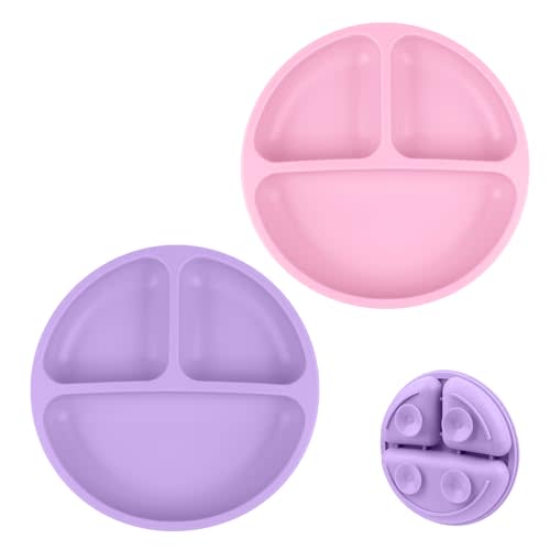 Vicloon Suction Plates, 2 Pcs Baby Toddler Plate Silicone, BPA Free Divided Plate, Divided Plate Design,Silicone Grip Dish Microwave & Dishwasher Safe