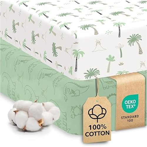 Sweety Fox 2-Pack Crib Sheets - Soft Jersey Cotton Fitted Sheets for Boys and Girls, Mini Crib Sheets, Toddler Bed Sheets (Dinosaur)
