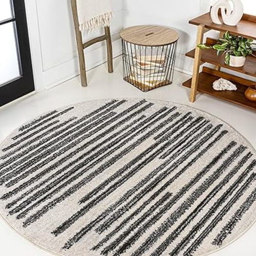 JONATHAN Y MOH207A-5R Khalil Modern Berber Stripe Area Rug, Contemporary, Bohemian, Scandinavian, Minimalistic, Rustic for Living Room, Dining Room, Bedroom, Kitchen, Cream/Black, 5' Round