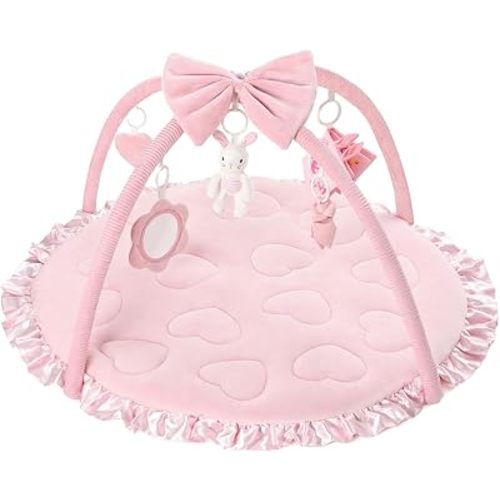 2PM SPORTS Tummy Time Mat Baby PlayGym with 6 Detachable Toys – Sweetheart Style, Pink Activity Gym Mat for Baby, Newborn to 12 Months, Motor Skills & Sensory Development, Registry Search Gift