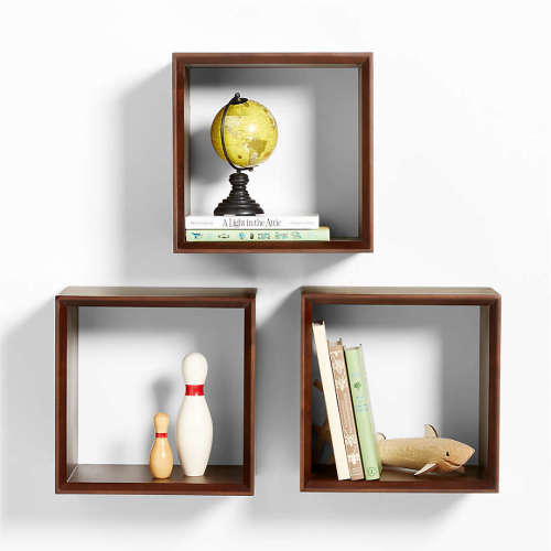 Tatum Walnut Brown Wood Floating Cube Shelves, Set of 3