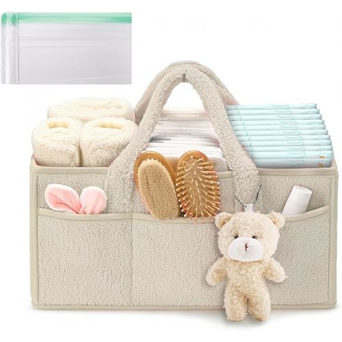Baby Nappy Diaper Caddy Organizer, Baby Storage Basket for Diapers Wipes,Car Nursery Organizer Diaper Bag Gift Accessories, Portable Tote Bag, with A Bear and 20pc of Disposable Diaper Bags (Beige)